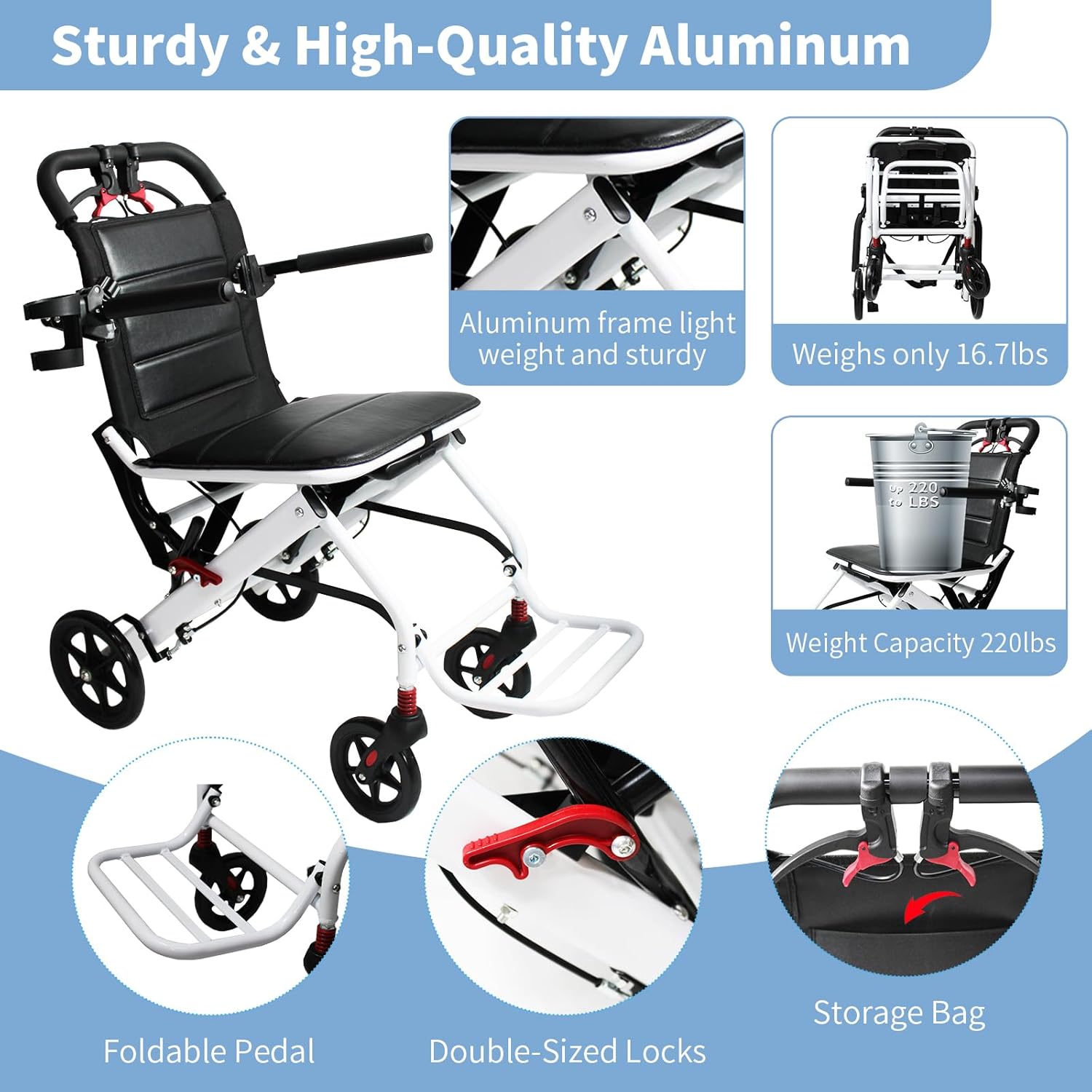 Lightweight Transport Wheelchair with Telescopic Handle, Folding Travel Wheelchairs for Adults Seniors Kids, Portable Padded Transport Chair with Travel Bag, Support 220lbs