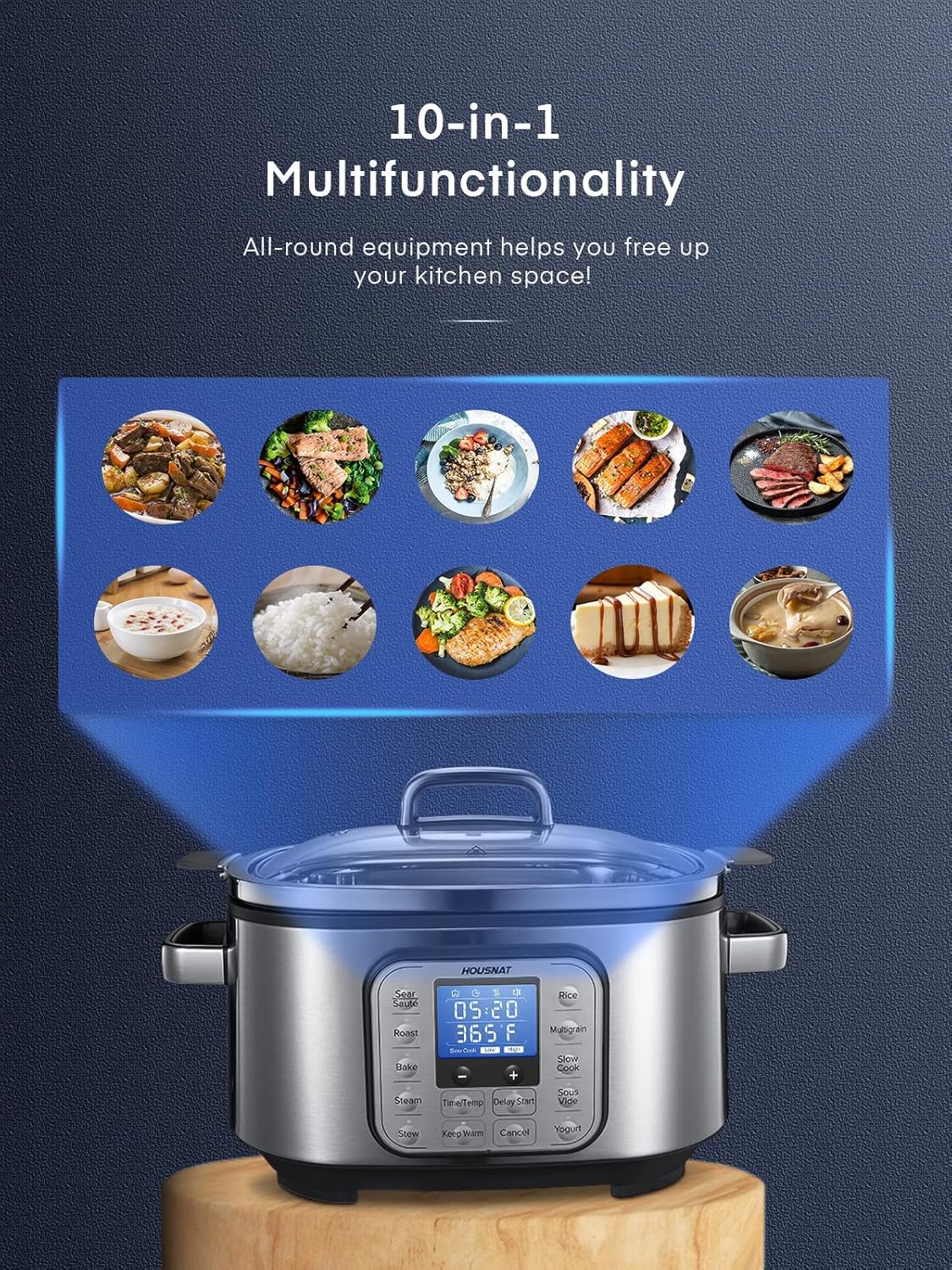 Slow Cooker, HOUSNAT 10 in 1 Programmable Cooker, 6Qt Stainless Steel, Rice Cooker, Yogurt Maker, Delay Start, Steaming Rack and Glass Lid, Adjustable Temp&Time for Slow Cook with Digital Timer
