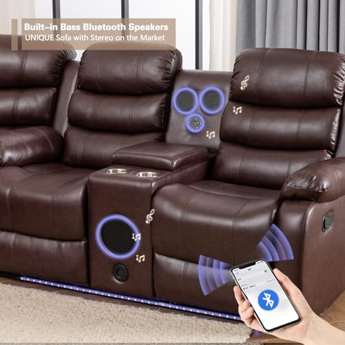 Manual Reclining Sectional Couch with LED Light Multi-Functional Sofa with Recliner Seat,Stereo, Storage,Cup Holders,USB,PU Leather L-Shaped Sofa,9 Seater for Living Room- White