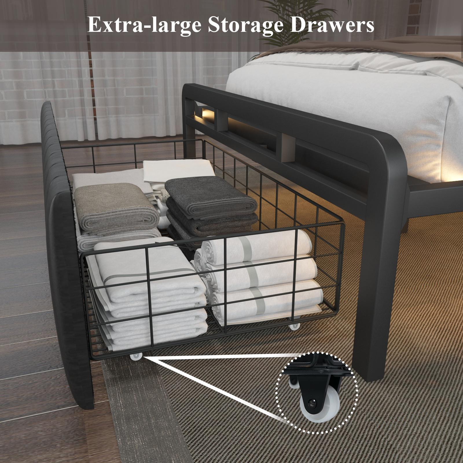 LoVinson Full Bed Frame with Storage Headboard and LED Sensor Lights, Upholstered Headboard with Charging Station, Metal Platform Bed with Drawers, Non-Slip, Noise-Free, Easy Assembly, Black