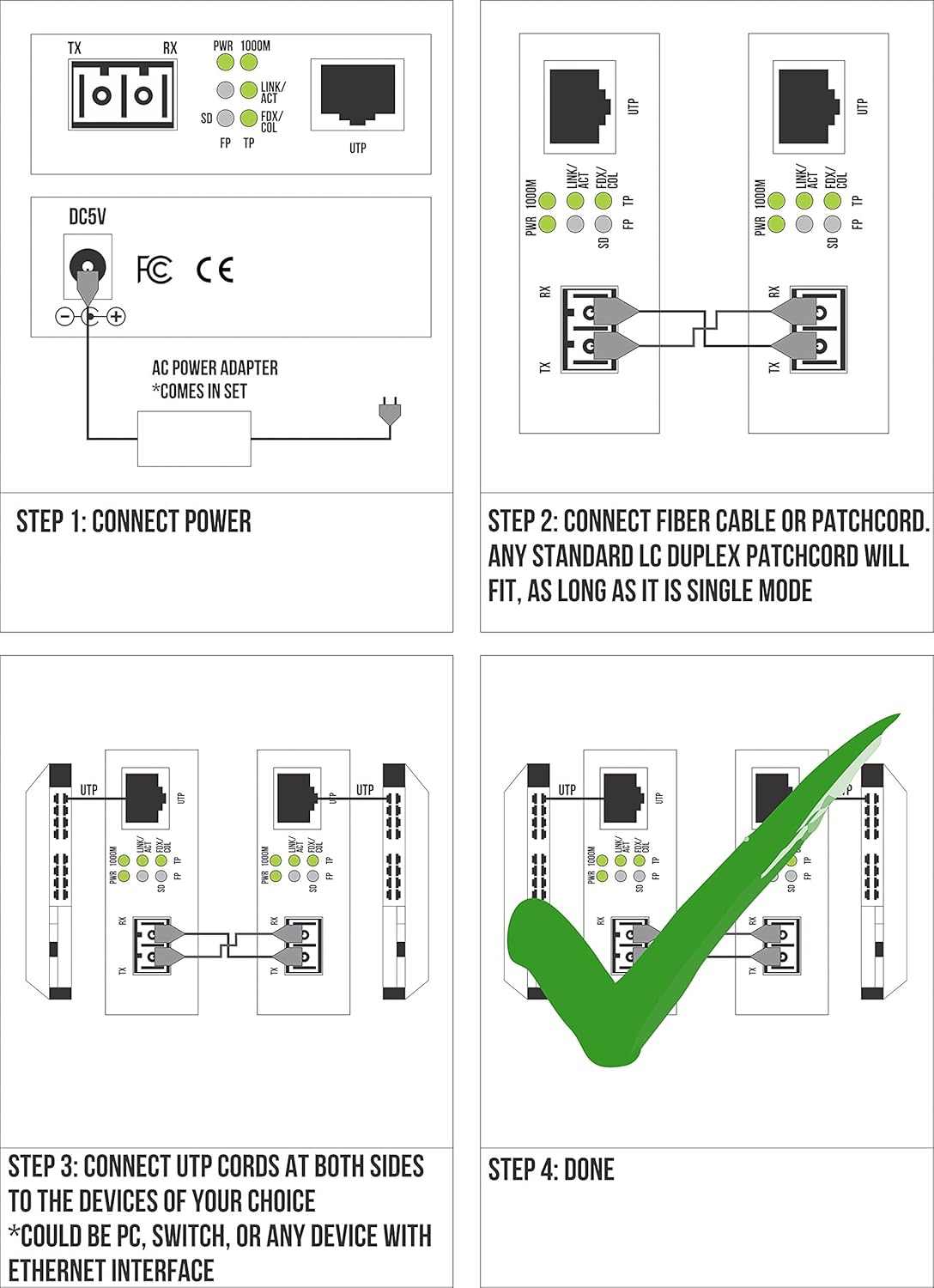 Single Mode LC Gigabit Fiber Media Converter - Includes LC SFP 20 km (12.42 Miles) LC – to UTP Cat5e Cat6 10/100/1000 RJ-45 – Auto Sensing Gigabit or Fast Ethernet Speed - Jumbo Frame - LLF Support Pack of 2