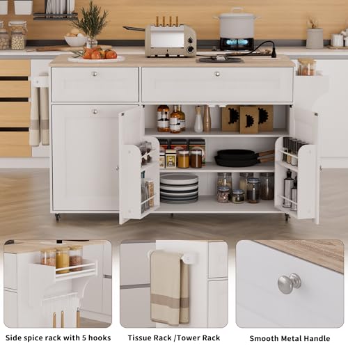 Kitchen Island on Wheels with Trash Can Storage, Rolling Kitchen Island with Drop Leaf and Power Outlet, Rolling Island Cart for Kitchen with Spice Rack & Towel Rack, Storages Cabinet, Drawers (White)