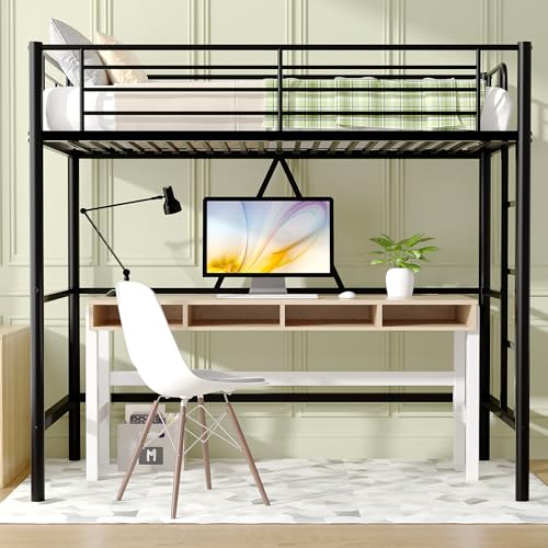 VECELO Metal Loft Bed Twin Size, Heavy Duty Bedframe with Removable Ladder and Safety Guardrail, Space-Saving, Noise Free, No Box Spring Needed, Off White