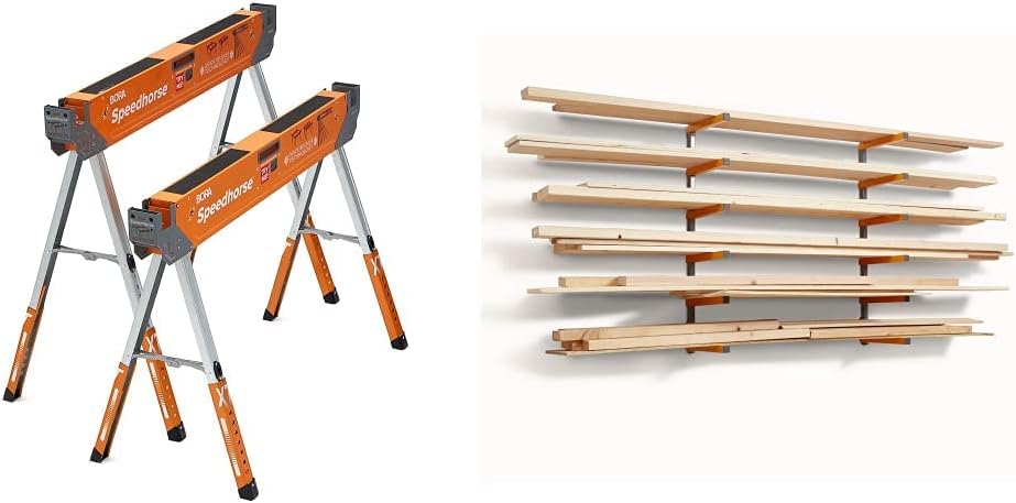 Bora Portamate Speedhorse XT Adjustable Height Sawhorse Pair- Two pack, 30-36 inch height adjustable Legs, Metal Top for 2x4, Heavy Duty Pro Bench Saw Horse for Contractors, Carpenters - PM-4550T