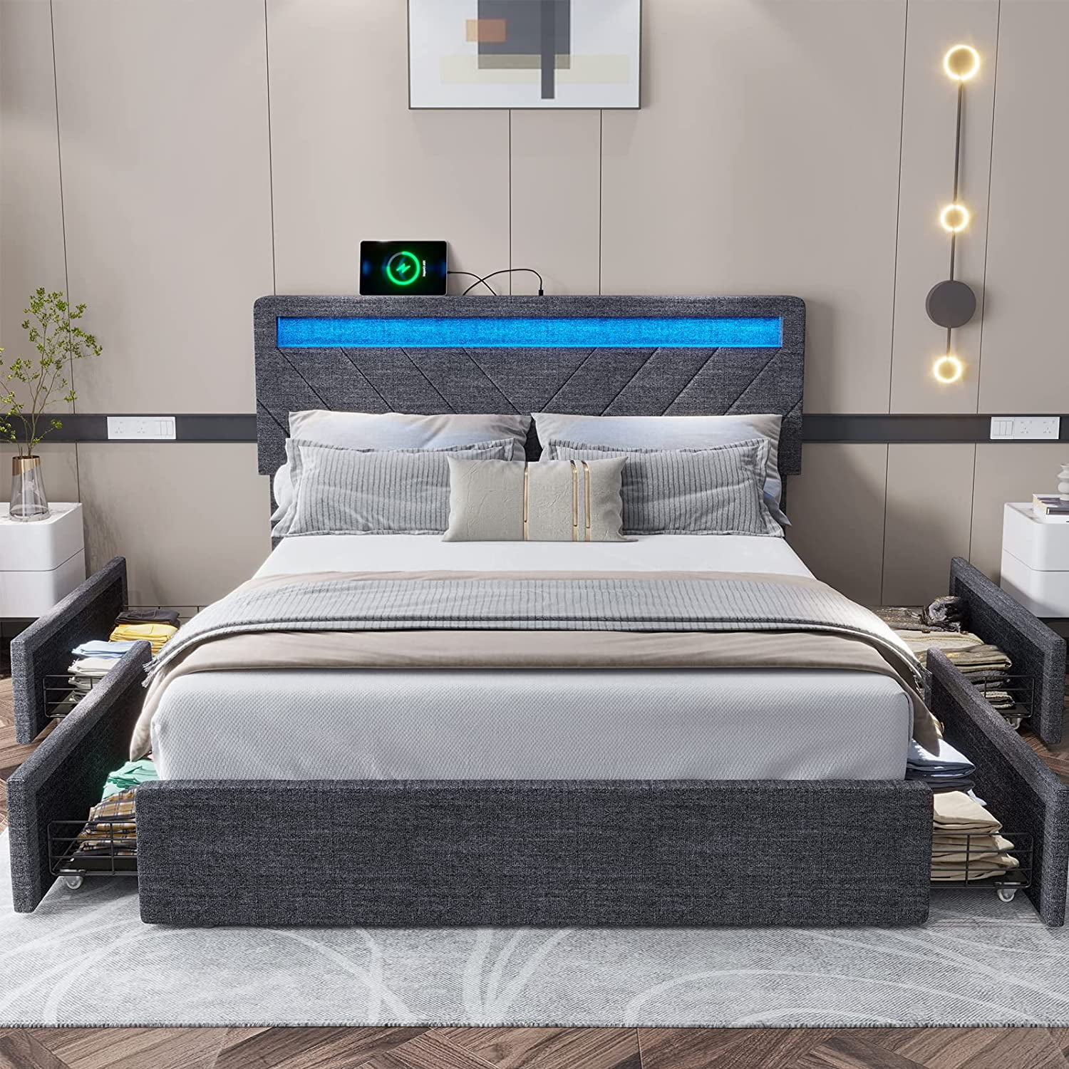 Queen Bed Frame with 4 Storage Drawers and 2 USB Charging Station, Upholstered Platform Bed Frame with LED Headboard,Dark Grey