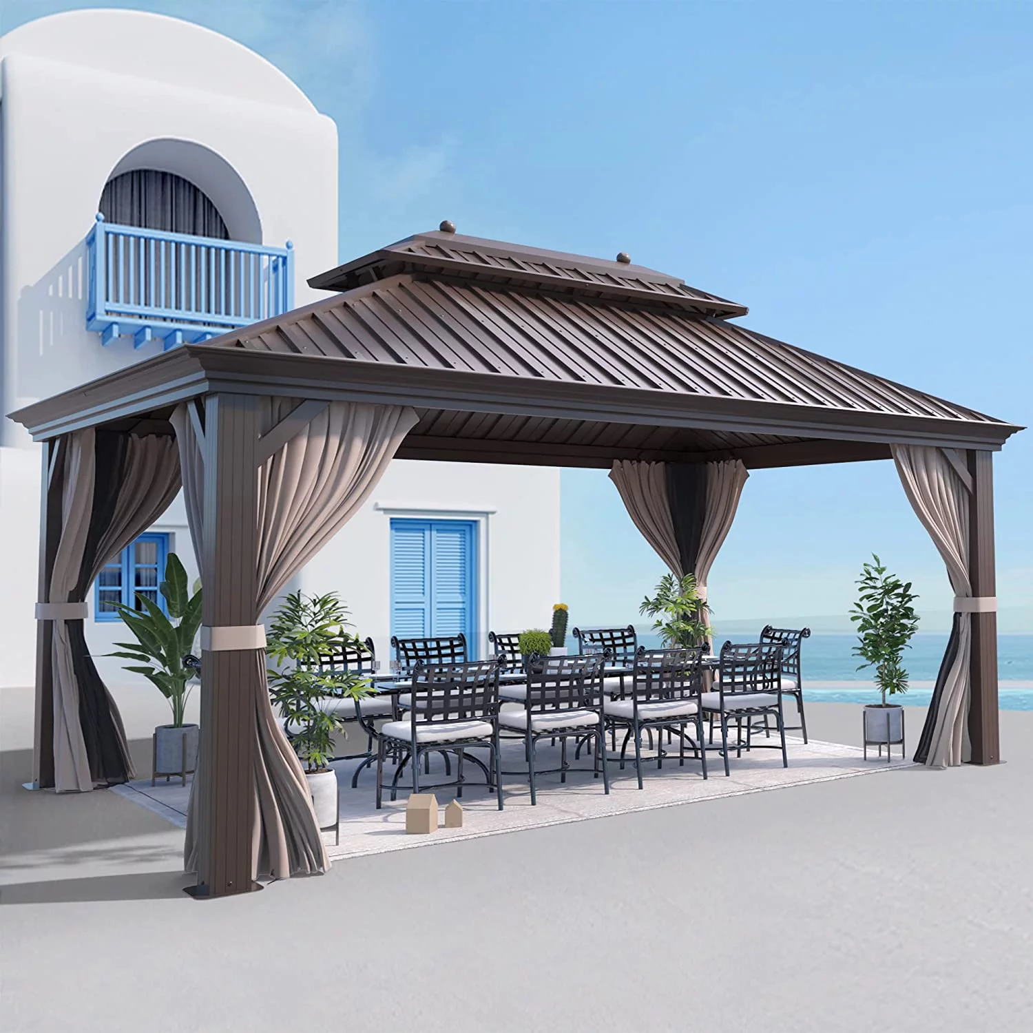 Erinnyees 12 ft x 16 ft Hardtop Gazebo Steel Outdoor Double Vented Roof Shade for Patio, Brown