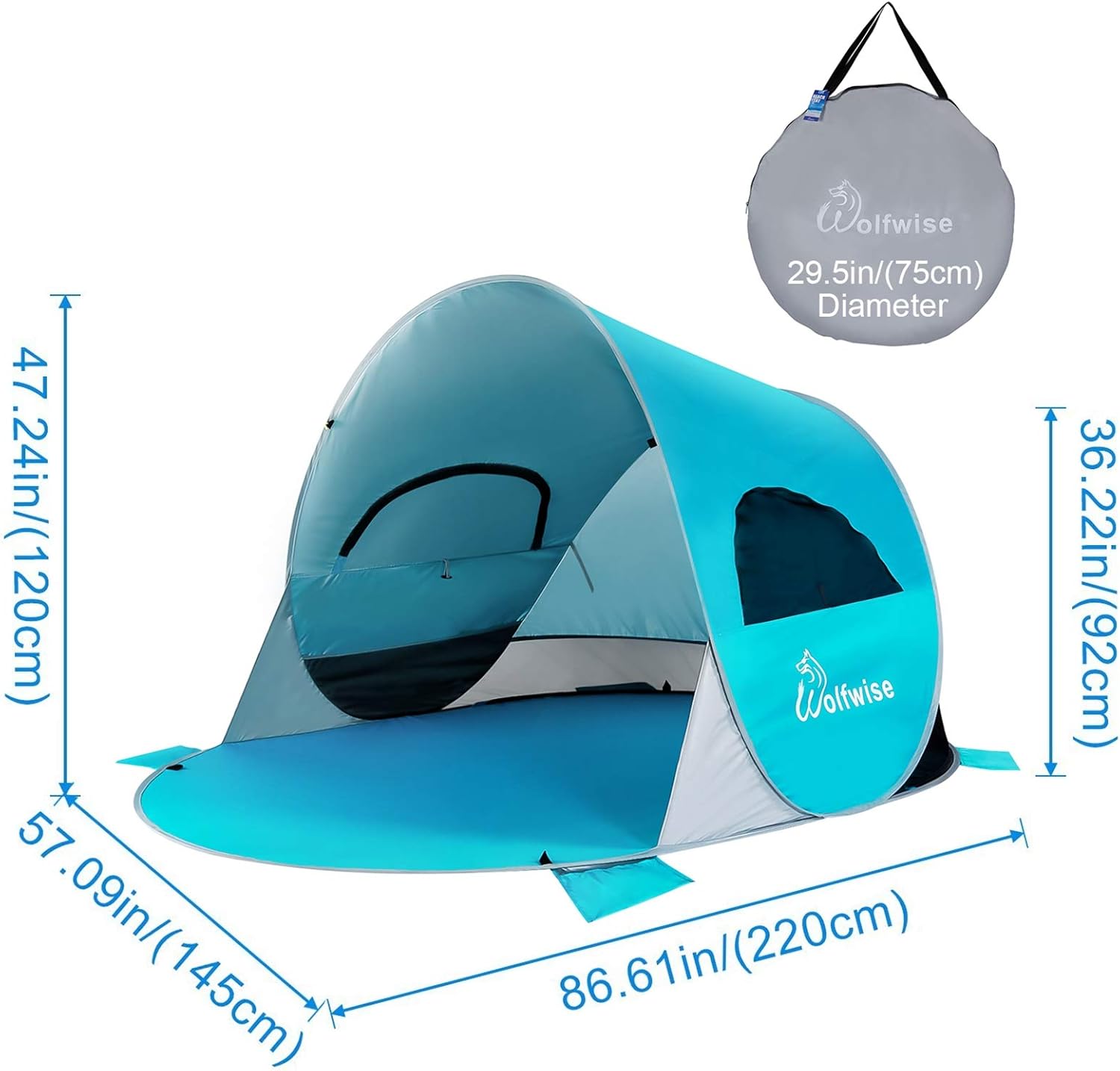 WolfWise UPF 50+ Easy Pop Up 3-4 Person Beach Tent Sport Umbrella Instant Sun Shelter Tent Sun Shade Baby Canopy