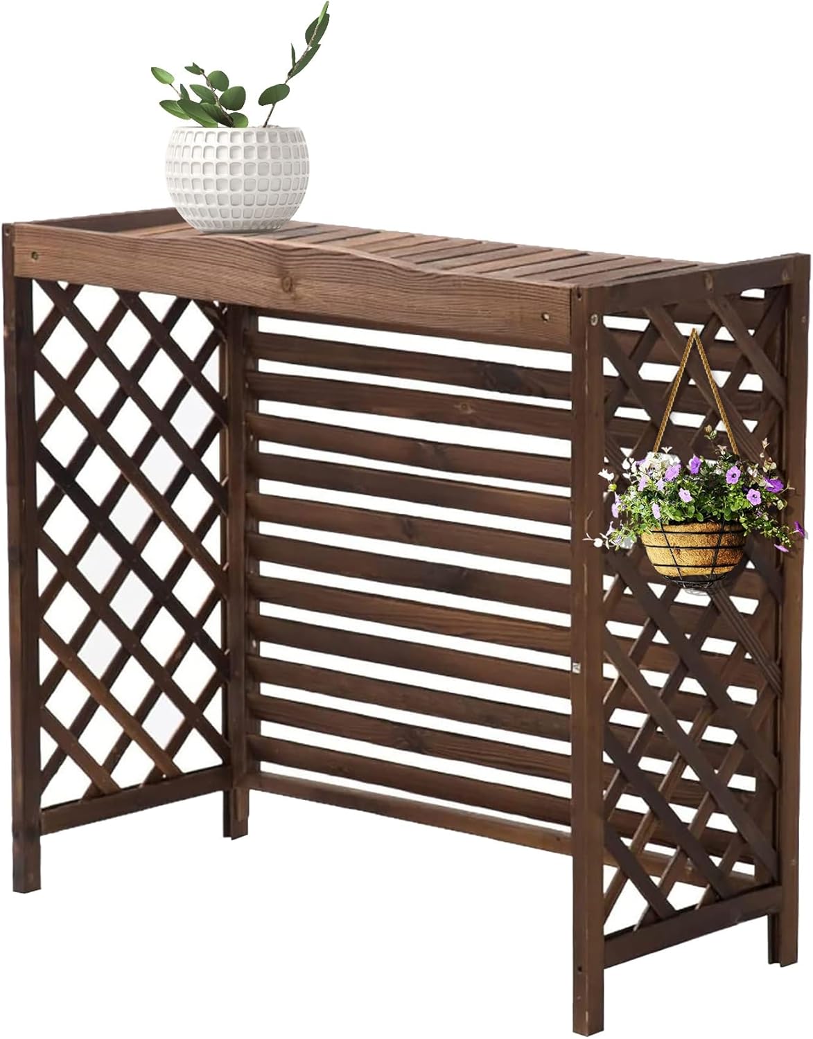 Air conditioner fence 3 panel, ac fence for outside unit, Air Conditioner Privacy Fence Screen Outdoor, Plant Stand, Carbonized Wooden Louvered Radiator Covers, For Outdoor Privacy(Size:120*57*100cm)