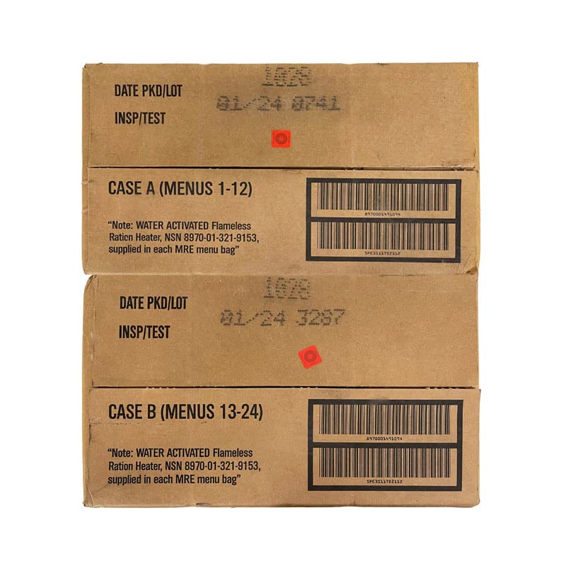 Ammo Can Man MRE (Meals-Ready-To-Eat) Case - Genuine Military Surplus MRE Case | 2024 Inspection Date (A and B Case Combo - Menus 1-24)