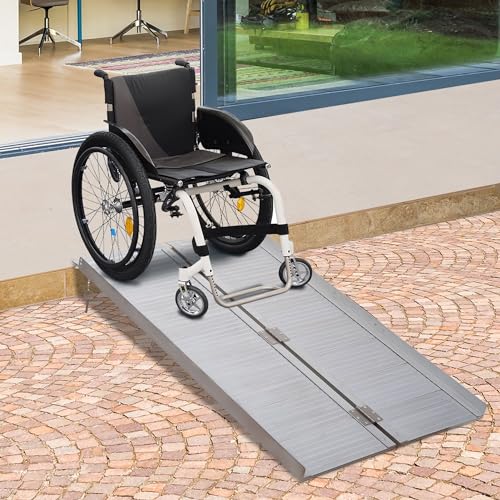 HOMCOM Wheelchair Ramp 6FT, Foldable Aluminum Threshold Ramp with Non-Slip Surface and Handle, 600lbs Weight Capacity, Suitcase Handicap Ramp for Home, Doorways, Curbs, Steps
