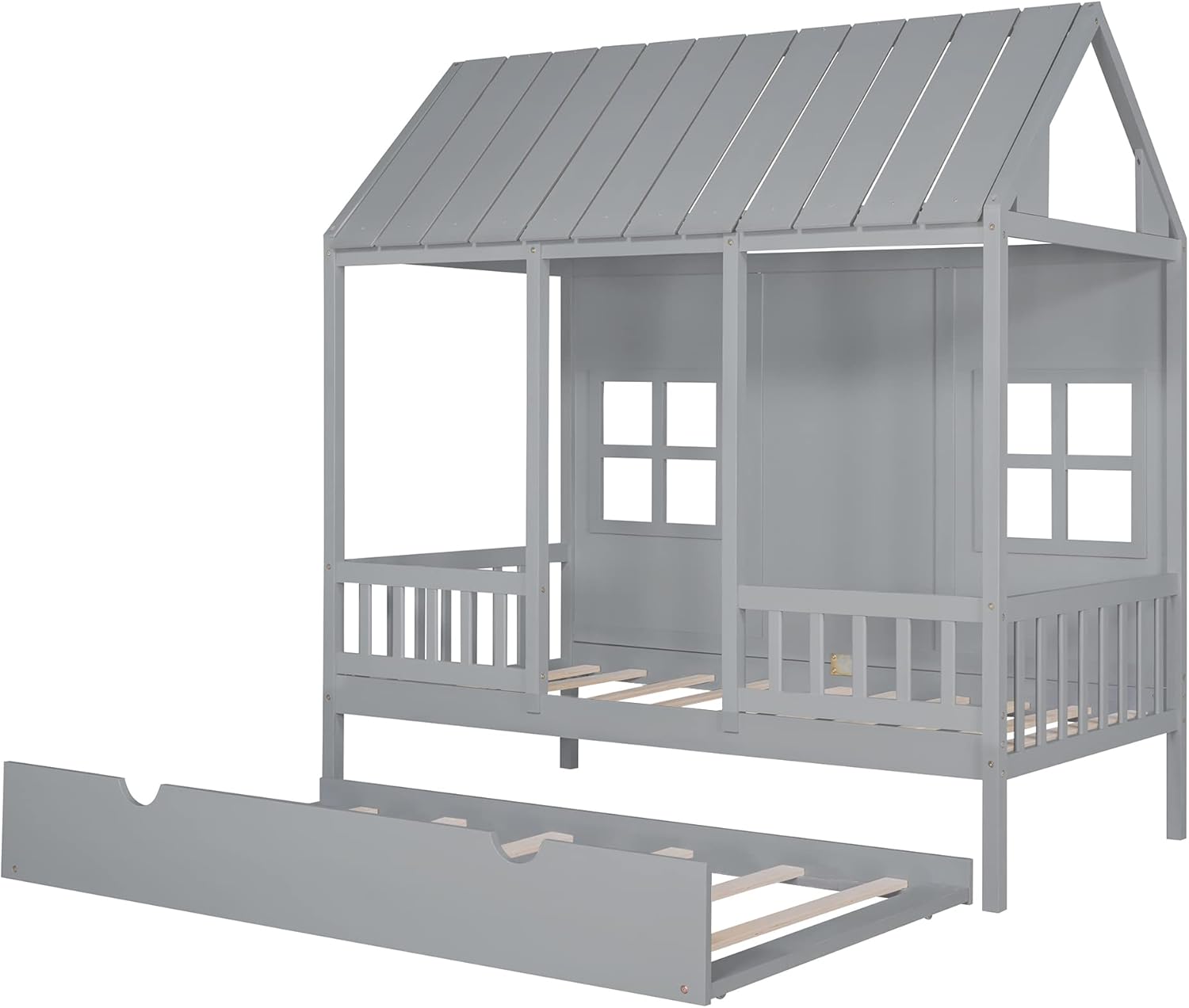 Twin Size House Bed with Twin Trundle, Wooden House-Shaped Daybed with 2 Windows and Safety Full-Length Guardrails for Kids Boys Girls Bedroom, A Beautiful Piece for Bedroom, Gray