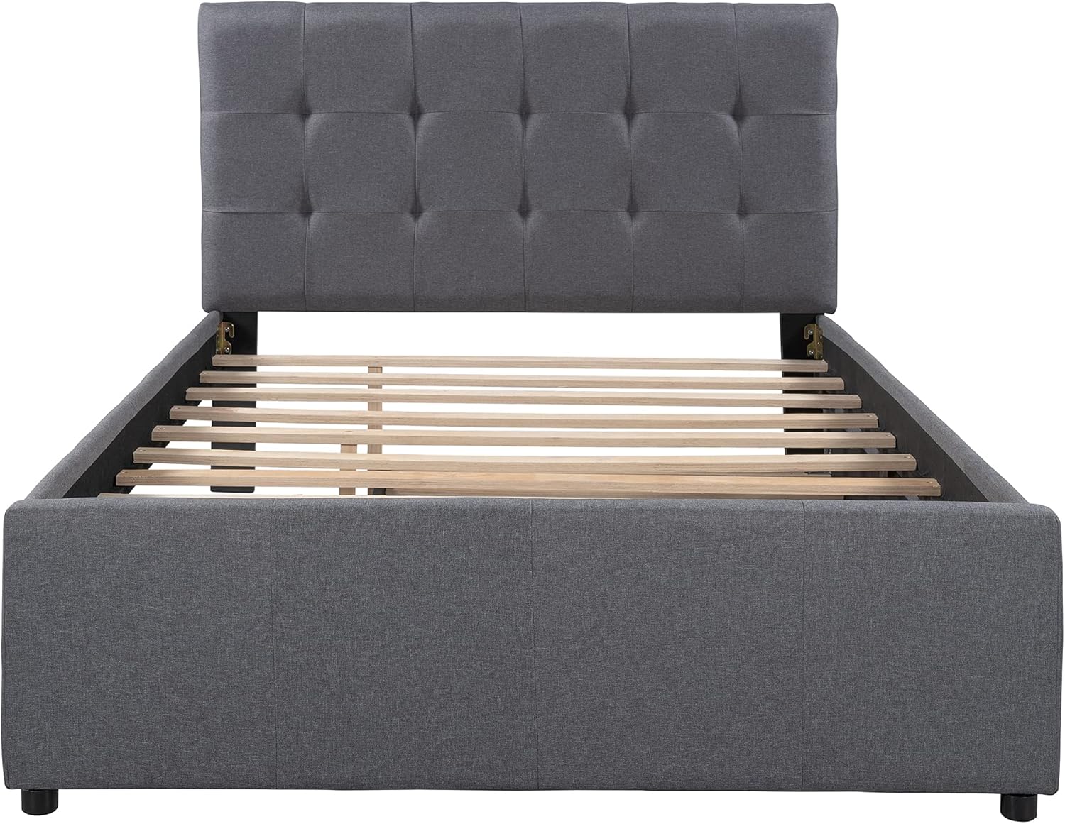 Bellemave Upholstered Full Size Platform Bed Frame with Trundle and Headboard, Linen Fabric Simple Style, Solid Wooden Slats Support, No Box Spring Needed, Grey