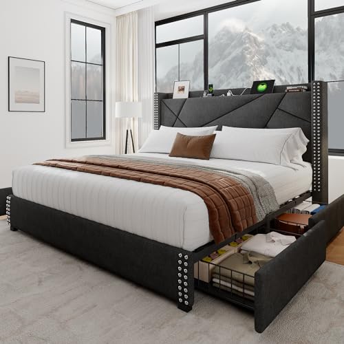 Upholstered Queen Bed Frame with 4 Storage Drawers, Platform Bed Frame with Charging Station, Modern Geometric Wingback Headboard, No Box Spring Needed, Easy Assembly, Light Grey