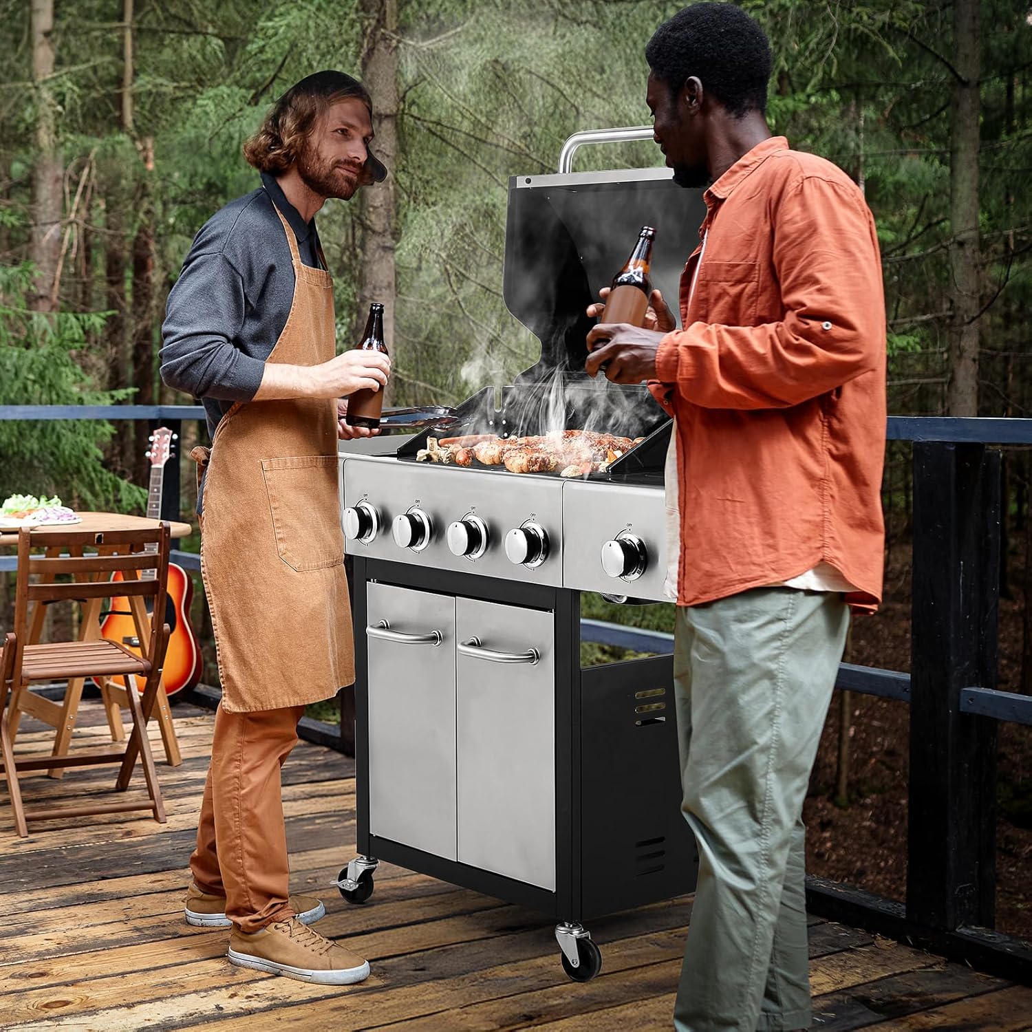 MAMIZO 4-Burner Outdoor Propane Gas Grill, 40000 BTU Output Stainless Steel BBQ Grill with 12000 BTU Side Burner,Thermometer and Caster for Outdoor Cooking Kitchen, Patio Backyard Barbecue and Camping