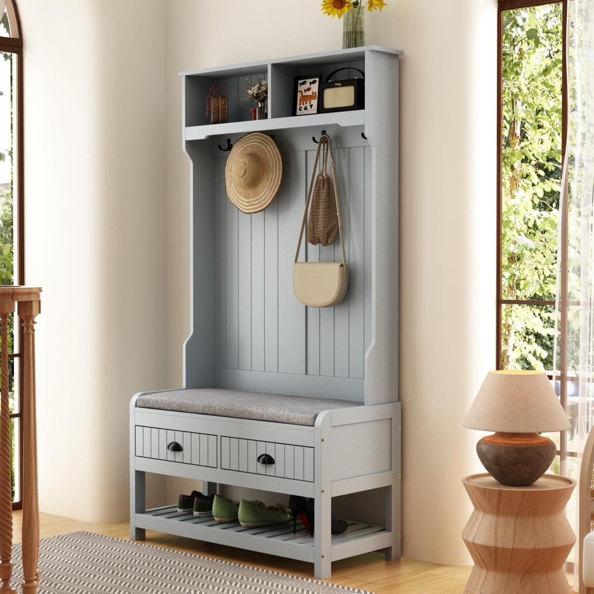 Hall Tree with Bench and Shoe Storage, Multi-Purpose Entryway Bench with Coat Rack, Padded Seat Cushion, 4 Double Hooks, Open Shelves and 2 Drawers, Grey