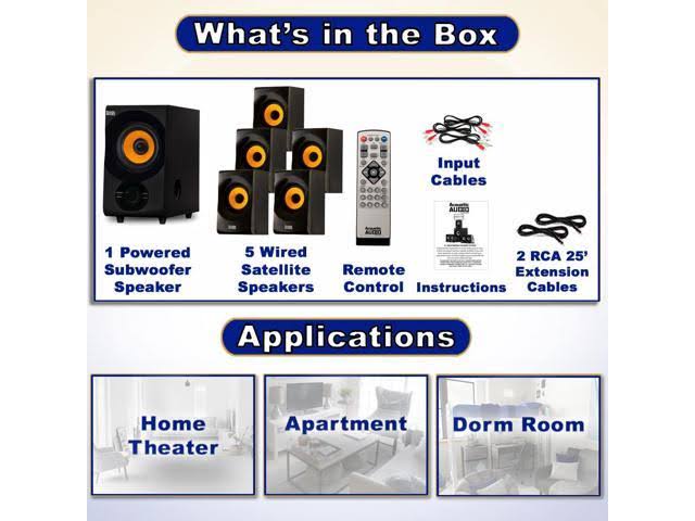 Acoustic Audio AA5170 Home Theater 5.1 Bluetooth Speaker System with FM and 2 Extension Cables