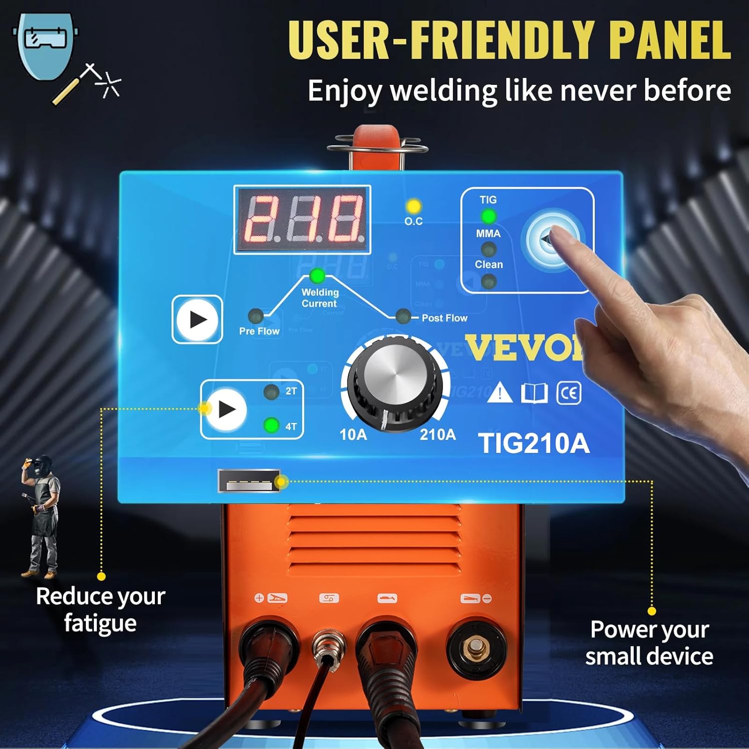 VEVOR 210Amp TIG Welder, Welder TIG 3 in 1, 110/220V Dual Voltage HF TIG/Stick/Clean Welding Machine with USB, IGBT Inverter & Torch, Digital Arc Welder