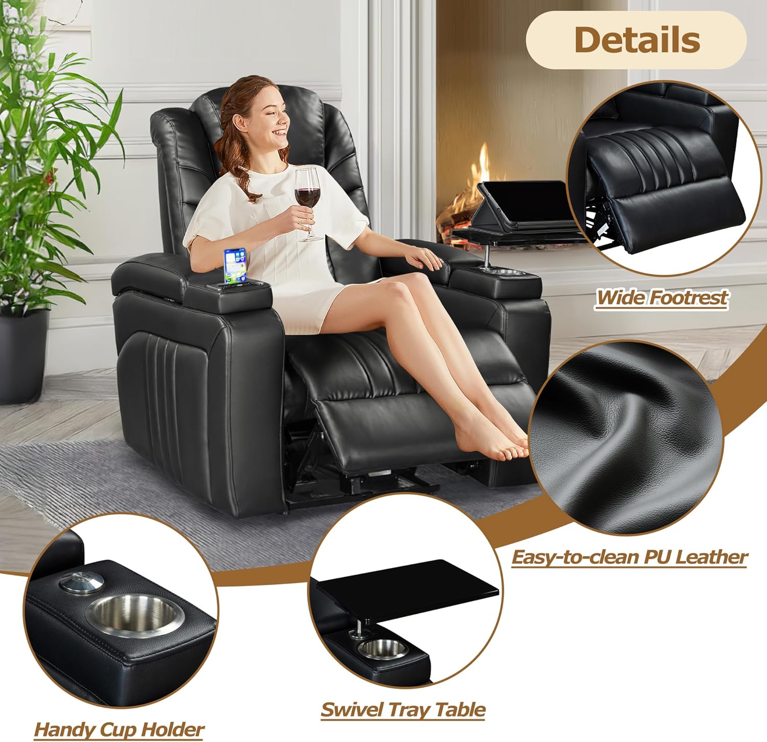 PU Leather Power Recliner Home Theater Recliner with Power Adjustable Headrest, Wireless Charging Device, USB Port, Storage Arms, Cup Holder and Swivel Tray Table for Living Room, Black