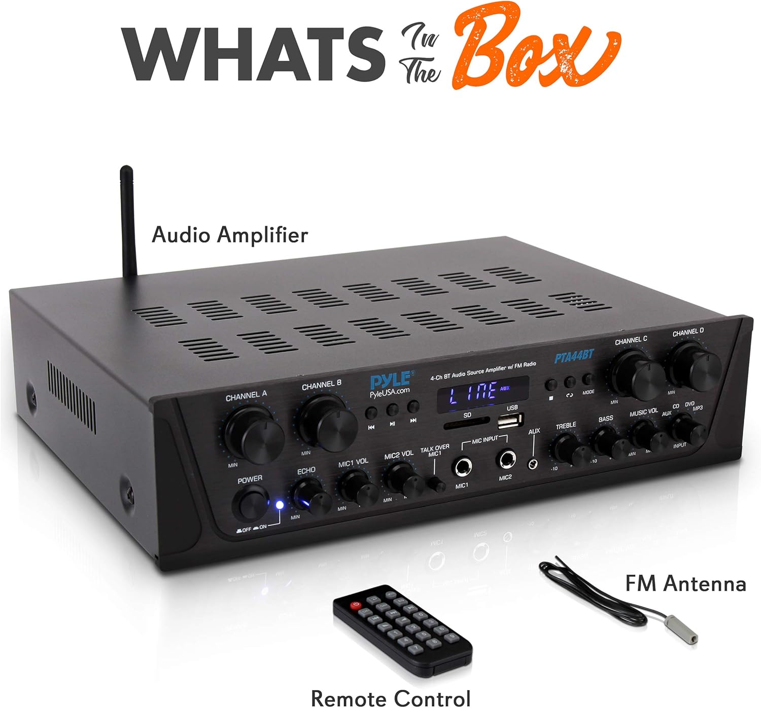 500W Karaoke Wireless Bluetooth Amplifier - 4 Channel Stereo Audio Home Theater Speaker Sound Power Receiver with AUX IN, FM, RCA Subwoofer Speakers OUT, USB, Microphone IN with Echo - Pyle PTA44BT