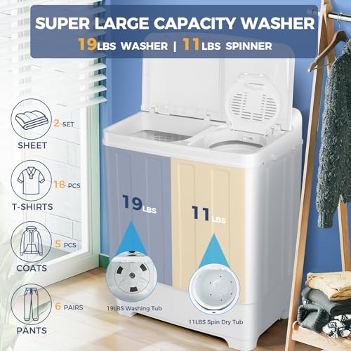 Portable Washing Machine 30Lbs Capacity Twin Tub Compact Laundry Machine, Small Wwashing Machine for Apartments, Dorms, RVs