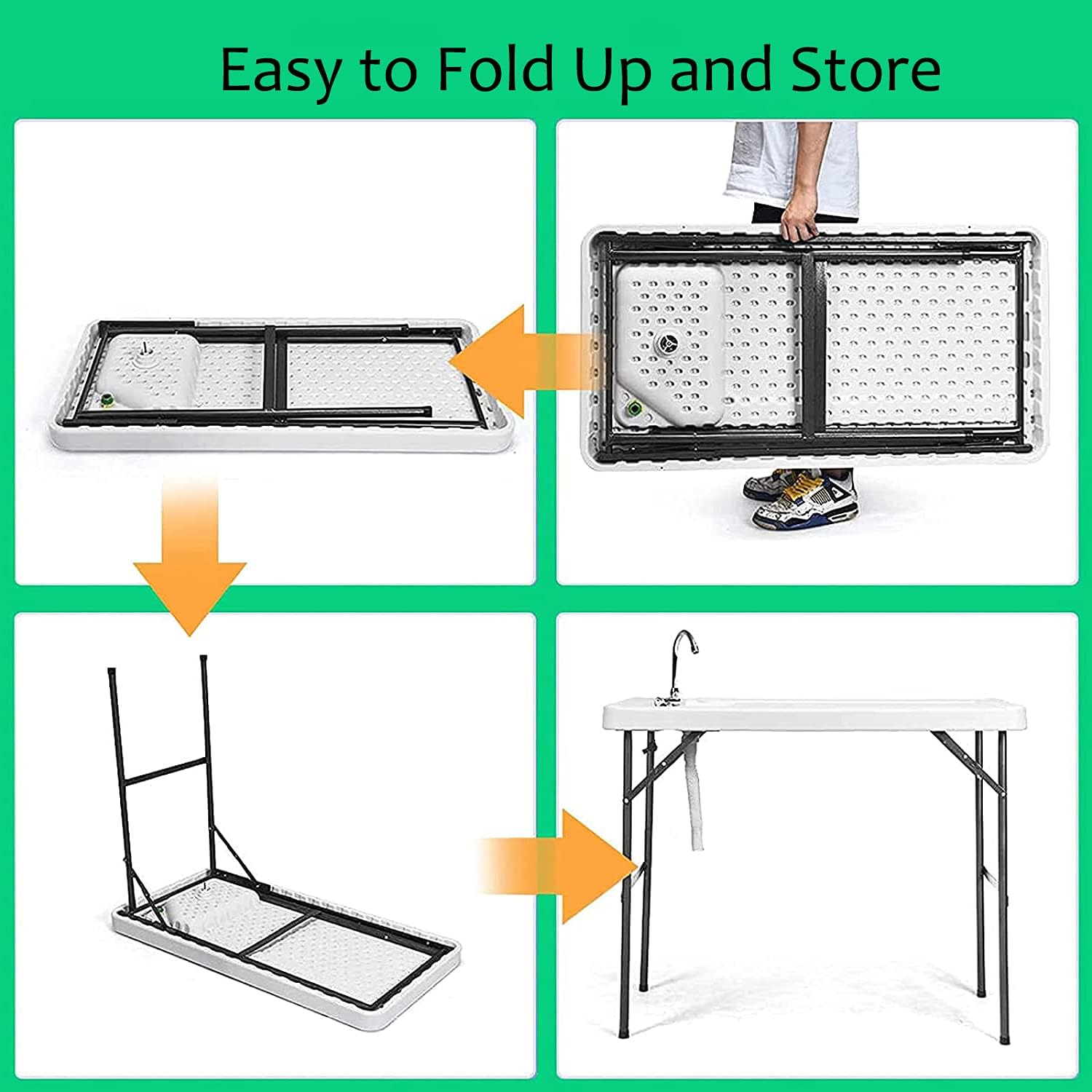 Portable Fish Cleaning Camping Table W/Sink & Faucet, Folding Lightweight & Adjustable Filet Workbench, Outdoor Kitchen Cooking Wash Hand Station for Picnic, Beach, RV, Grill, BBQ