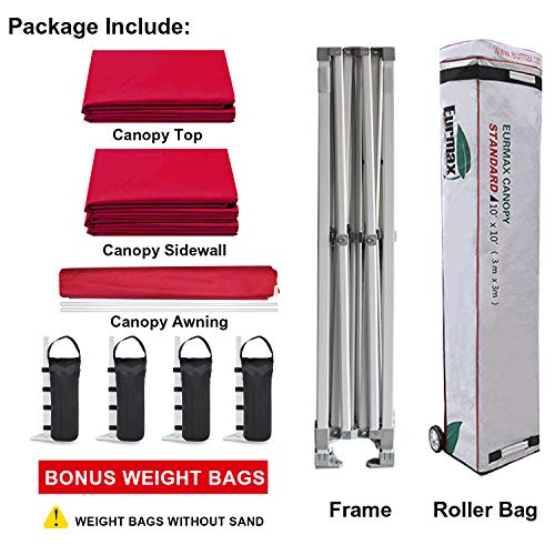 Eurmax USA 10 x 10 Pop up Canopy Commercial Tent Outdoor Party Canopies with 4 Removable Zippered Sidewalls and Roller Bag Bonus 4 Canopy Sand Bags & 24 Squre Ft Extended Awning(Black)