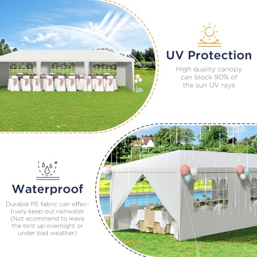 YOLENY 10x30 Ft Outdoor Party Canopy, Waterproof Heavy Duty Wedding Tent with 6 Sidewalls & 2 Zippered Doors, Event Tent for Birthday, Patio, BBQ, and Holiday Gatherings, White