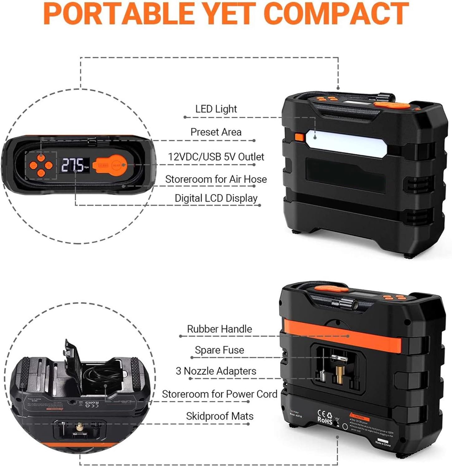 Car Tire Inflator 12V DC Portable Air Compressor with 3 LED Lights | Orange 2Pcs Pack of 2