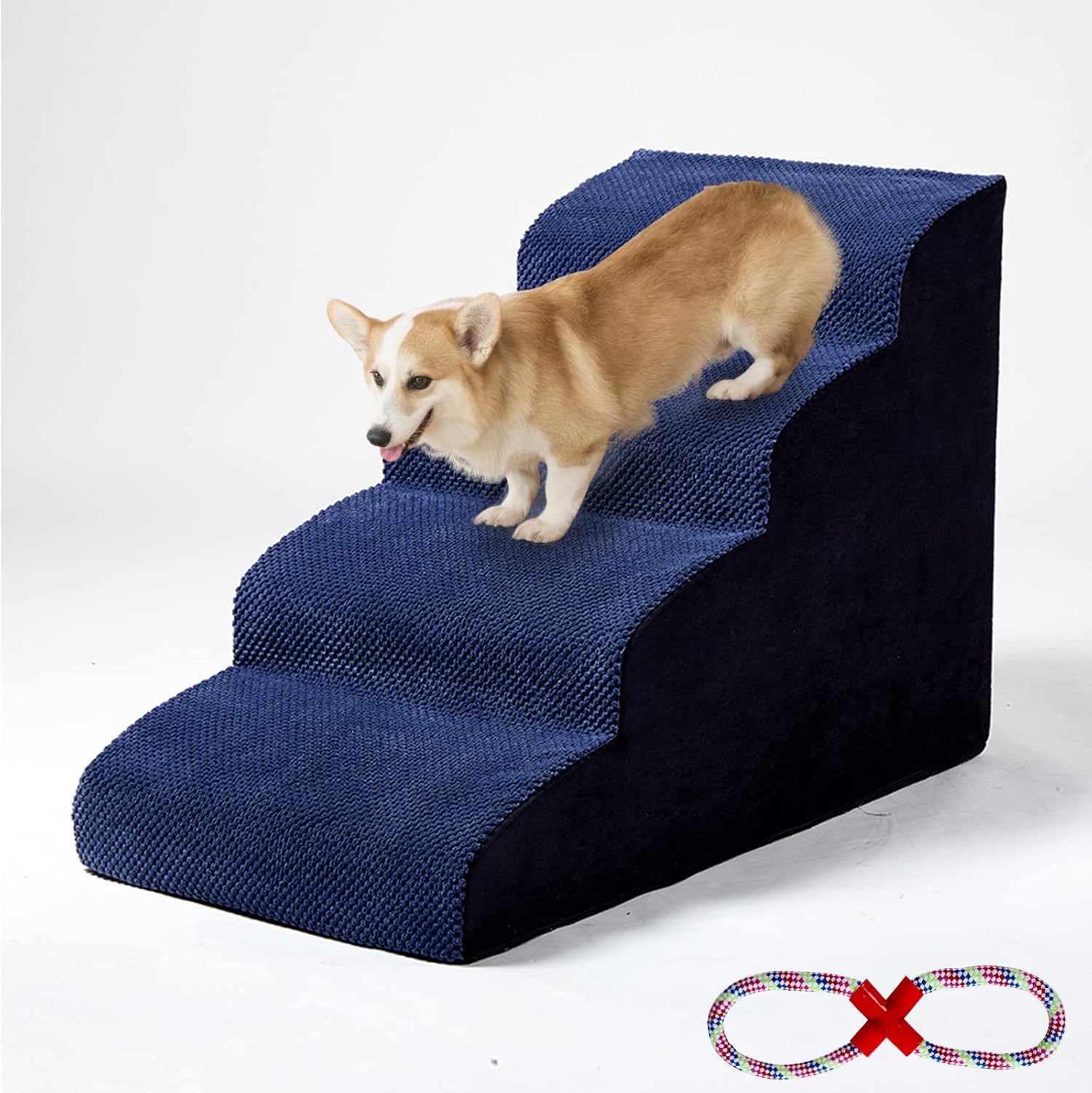 MALOROY 2 Tiers Foam Dog Ramps, Dog Ladder Pet Ramp Stairs Non-Slip Pet Step for Older Dogs and Pets with Joint Pain, Sofa Bed Ladder for Cats（Navy Blue）