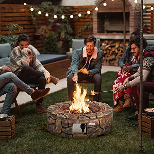 Tangkula 28 Inch Round Propane Gas Fire Pit, Patiojoy 40,000 BTU Stone Look Outdoor Propane Fire Pit with Lava Rocks & PVC Cover, Faux Stone Gas Fire Pit Table for Patio, Courtyard, Garden (Brown)