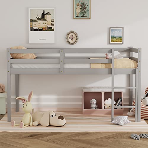 Tmosi Low Loft Bed Twin,Solid Wood Kids Twin Bed Frame with Ladders and Guard Rails,Space Saving Twin Size Loft Bed for Girl Boy,No Box Spring Needed,Easy to Assembly (Built-in Ladder-Grey)