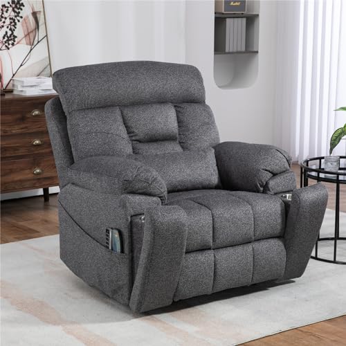 Light Grey Recliner Chair for Elderly | Tall and Big Man 400lbs | Chenille | Power Lift, Lay Flat, Stand Up, Wireless Charging Device, Extended Footrest, Massage Heat, Cup Holder, Lumbar Pillow