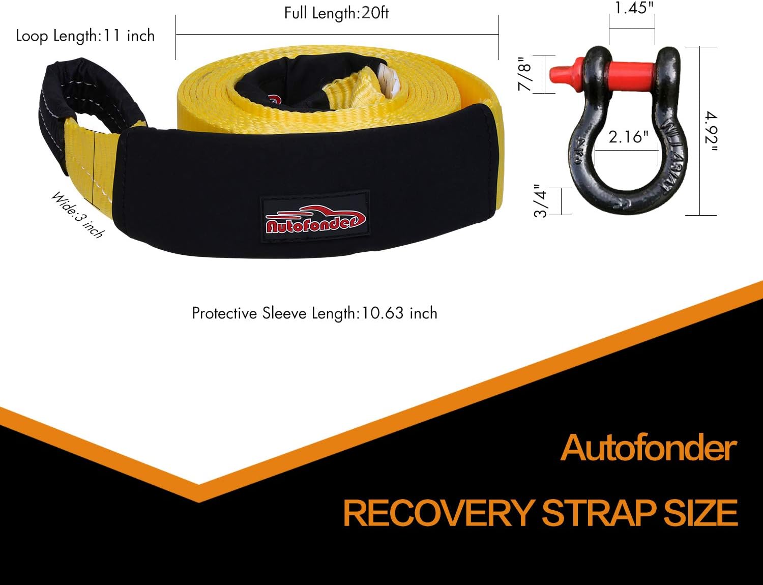 Autofonder Heavy Duty Tow Strap 12T Recovery Kit: 4WD Tow Strap + 3/4 Bow Shackle (2pcs) + Storage Bag (20ft)
