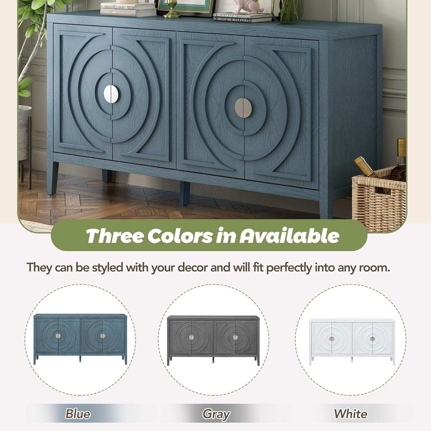 Retro Kitchen Accent Storage Cabinet with Circular Groove Design Door,Round Metal Handle,Sideboard Buffet Cabinet,Cupboard,60” Console Table for Dining Room,Living Room,Bedroom,Entryway