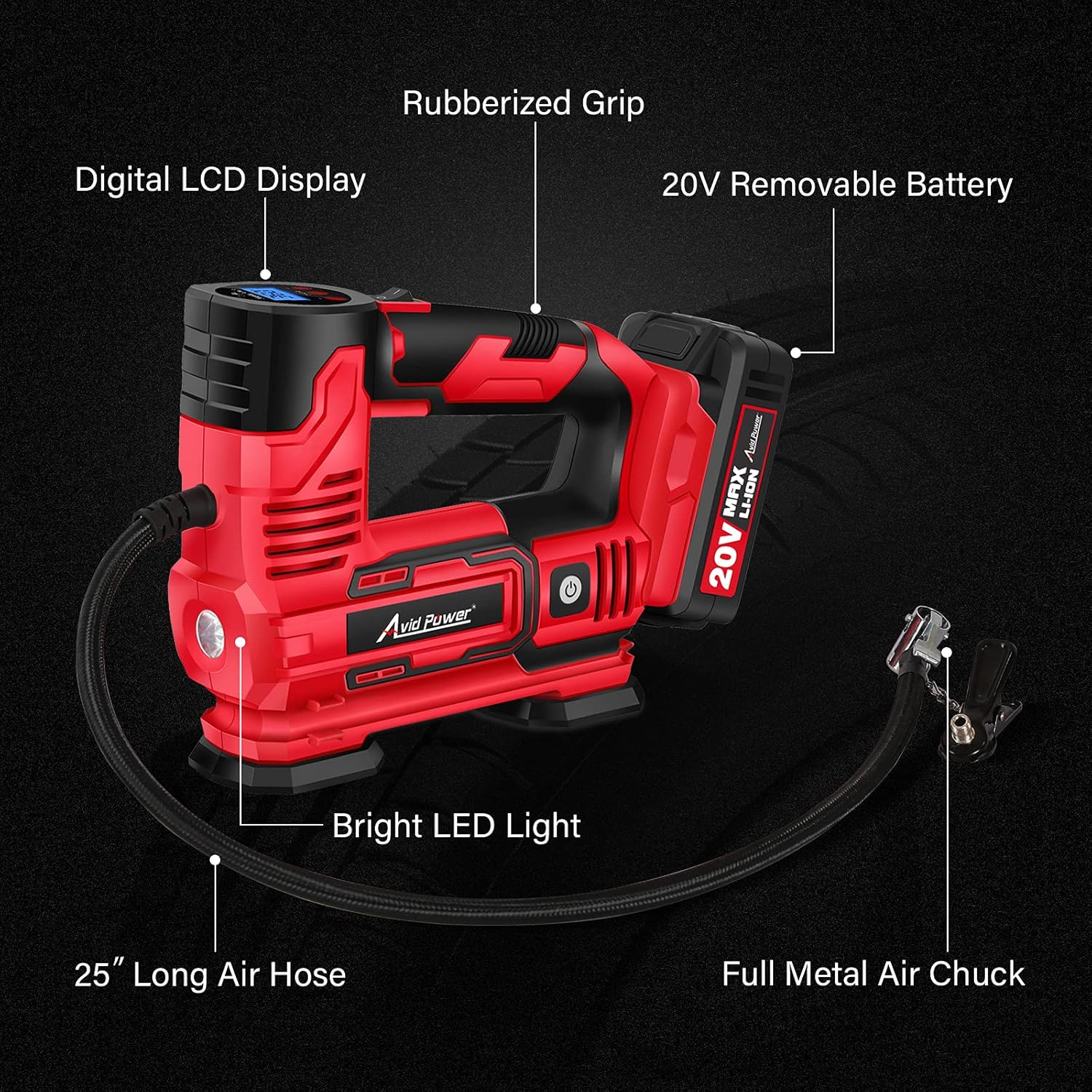 AVID POWER Tire Inflator Portable Air Compressor, 20V Cordless Car Tire Pump with Rechargeable Li-ion Battery, 12V Car Power Adapter, Digital Pressure Gauge