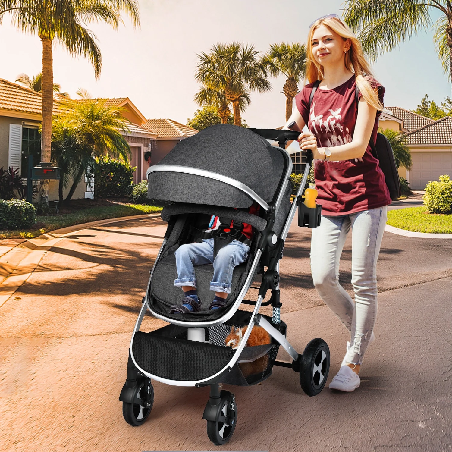 AILEEKISS 2 in 1 Convertible Baby Stroller, Unisex Folding Infant Newborn Bassinet Pram, Dark Grey