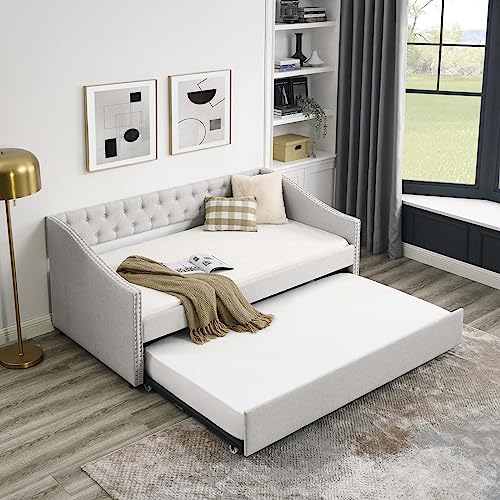 Full Size Upholstered Daybed with Pull Out Twin Trundle, Multifunctional Tufted Sofa Bed Frame with Button Nailtrim Arms and Wood Slat Support, No Spring Box Needed (Beige, Full)