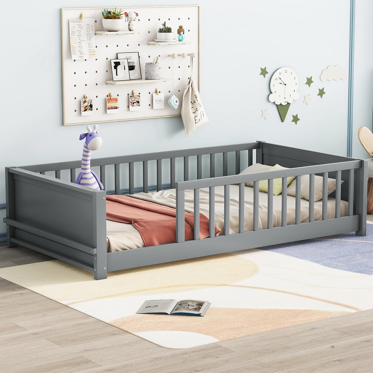 Montessori Floor Bed with Safety Guardrails and Slats, Twin Size Solid Pine Wood Floor Bed Frame, for Girls, Boys, Child Bedroom, Kids Playroom (Grey)