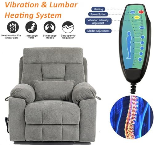 Light Grey Recliner Chair for Elderly | Tall and Big Man 400lbs | Chenille | Power Lift, Lay Flat, Stand Up, Wireless Charging Device, Extended Footrest, Massage Heat, Cup Holder, Lumbar Pillow