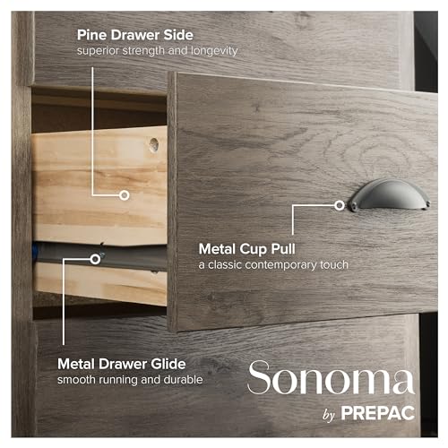 Prepac Sonoma 6 Drawer Dresser for Bedroom, Tall Chest of Drawers, Bedroom Furniture, Clothes Storage and Organizer, 19" D x 23.25" W x 52.75" H, Black
