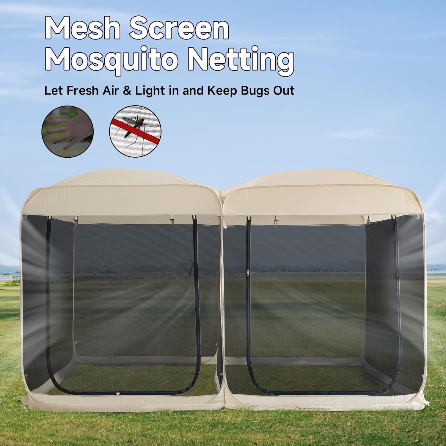 Alvantor Screen House Room 2024 Upgraded 2 in 1 Screen Tent Pop Up Gazebo with Mesh Mosquito Netting, Sun Shade Outdoor Canopy for Patio, Camping, Backyard and Outside Activities- 12' x 7.5', Beige