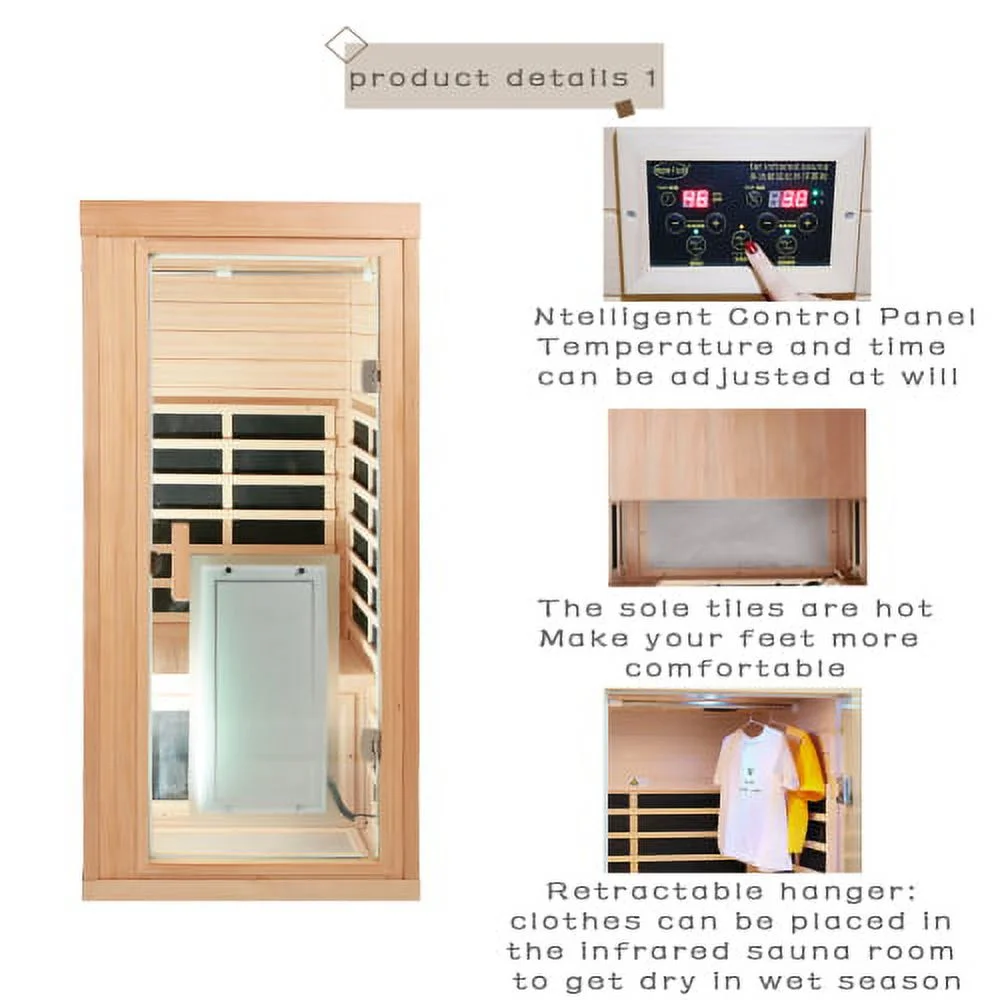 1-Person Far Infrared Sauna Room using Canadian Hemlock, Outdoor Personal Home Spa for Relaxation with intelligent control panel(Wood),American standard Power plug,TUV GS CE Safety Certification