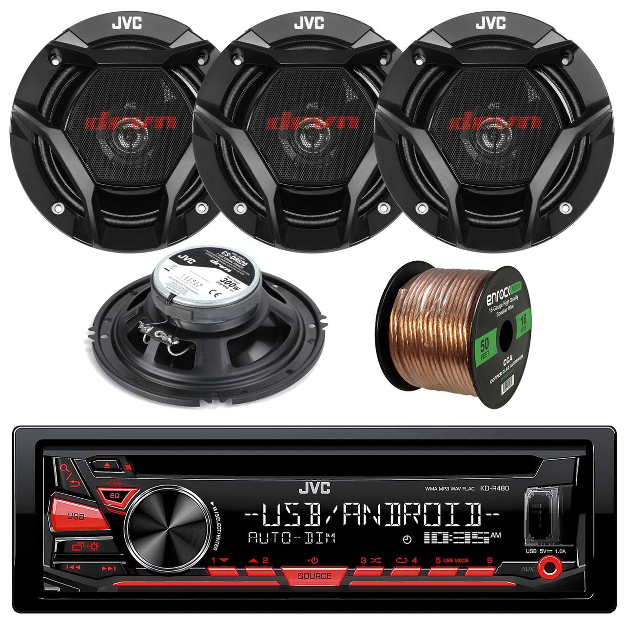 EnrockAutomotiveBundle JVC Kd-r480 Single DIN In-Dash CD/AM/FM/USB/AUX Car Stereo Receiver, Enrock Audio 16-Gauge 50 Foot Speake