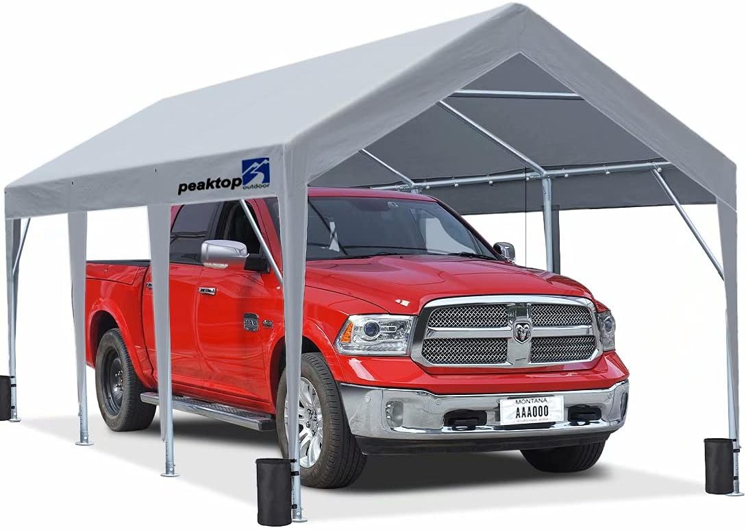 PEAKTOP OUTDOOR 12 x 20ft Upgraded Heavy Duty Carport,Portable Car Canopy,Garage Tent,Boat Shelter with Reinforced Triangular Beams and 4 Weight Bags,with Ground Bar
