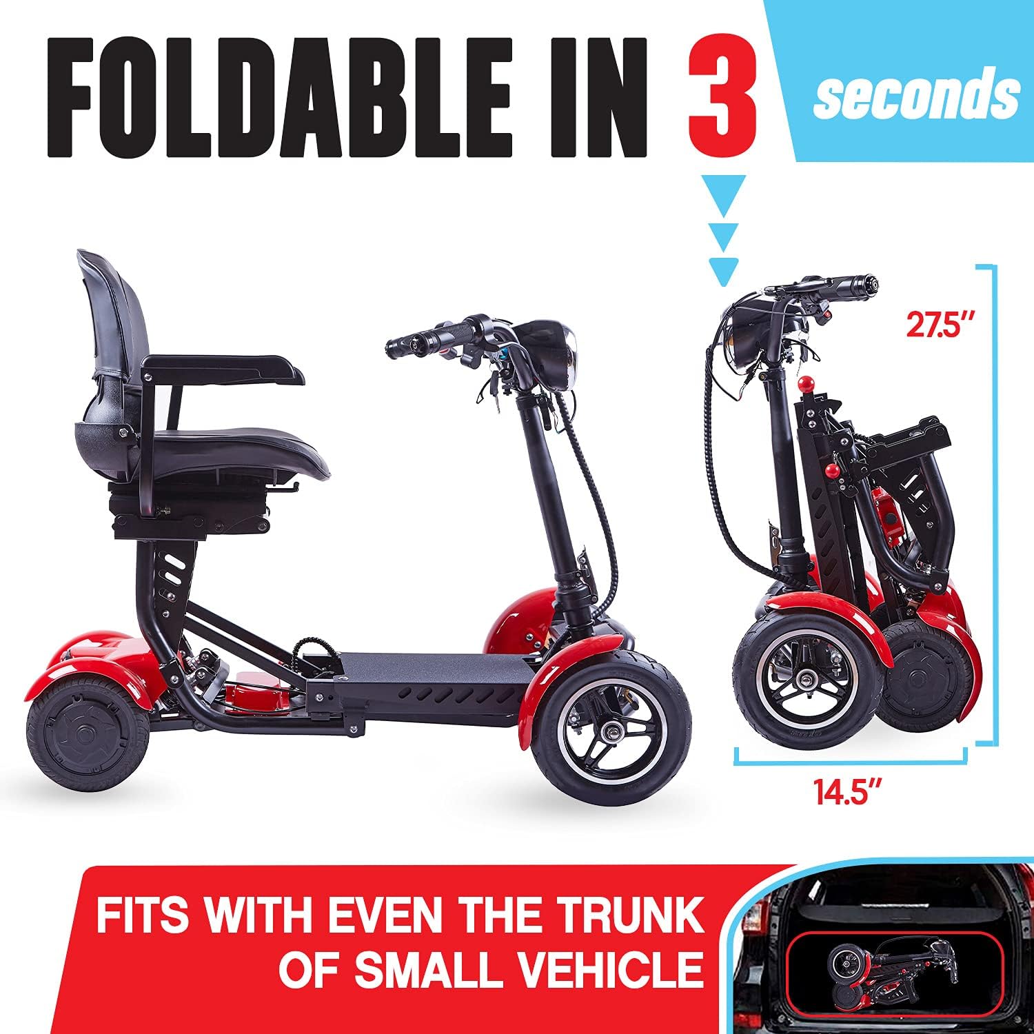 ActiWe Electric Powered Motorized Transformer 4 Wheel Mobility Scooter with Seat for Adults- All Terrain Weatherproof Heavy Duty Folding Electric Wheelchair for Seniors (Red)