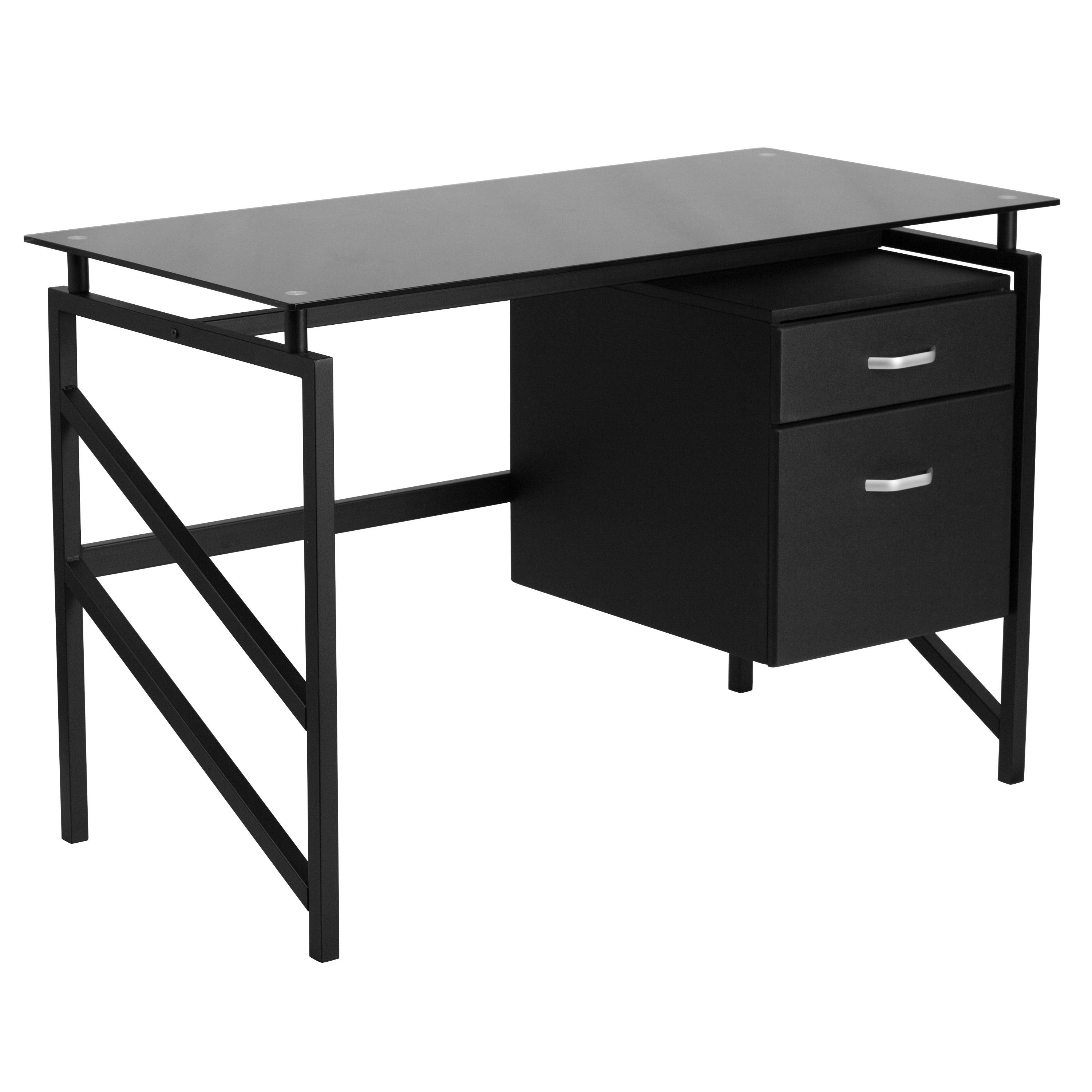 Lancaster Home Two Drawer Pedestal Desk with Tempered Glass Top and Metal Frame, Size: Medium, Black