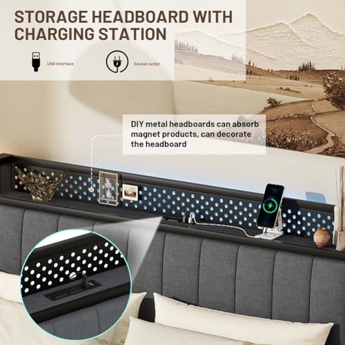 Queen Bed Frame, LED Bed Frame Queen Size with LED Headboard and 4 Storage Drawers, Upholstered Platform Bed with USB Port Sockets, Heavy Duty Wooden Slats Platform Bed Dark Gray