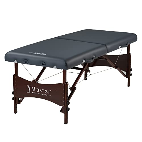 Master Massage Newport Portable Massage Table Package with Denser 2.5" Cushion, Walnut Stained Hardwood, Steel Support Cables, Pillows & Accessories, Black, 30"