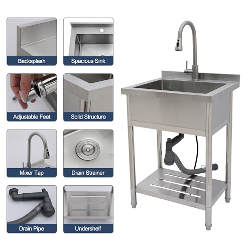 Lordear Stainless Steel Utility Sink 24 Inch - 24"x21" Freestanding Stainless Steel Kitchen Sink Single Bowl Commercial and Residential Use for Laundry Room Garage Outdoor and Kitchen