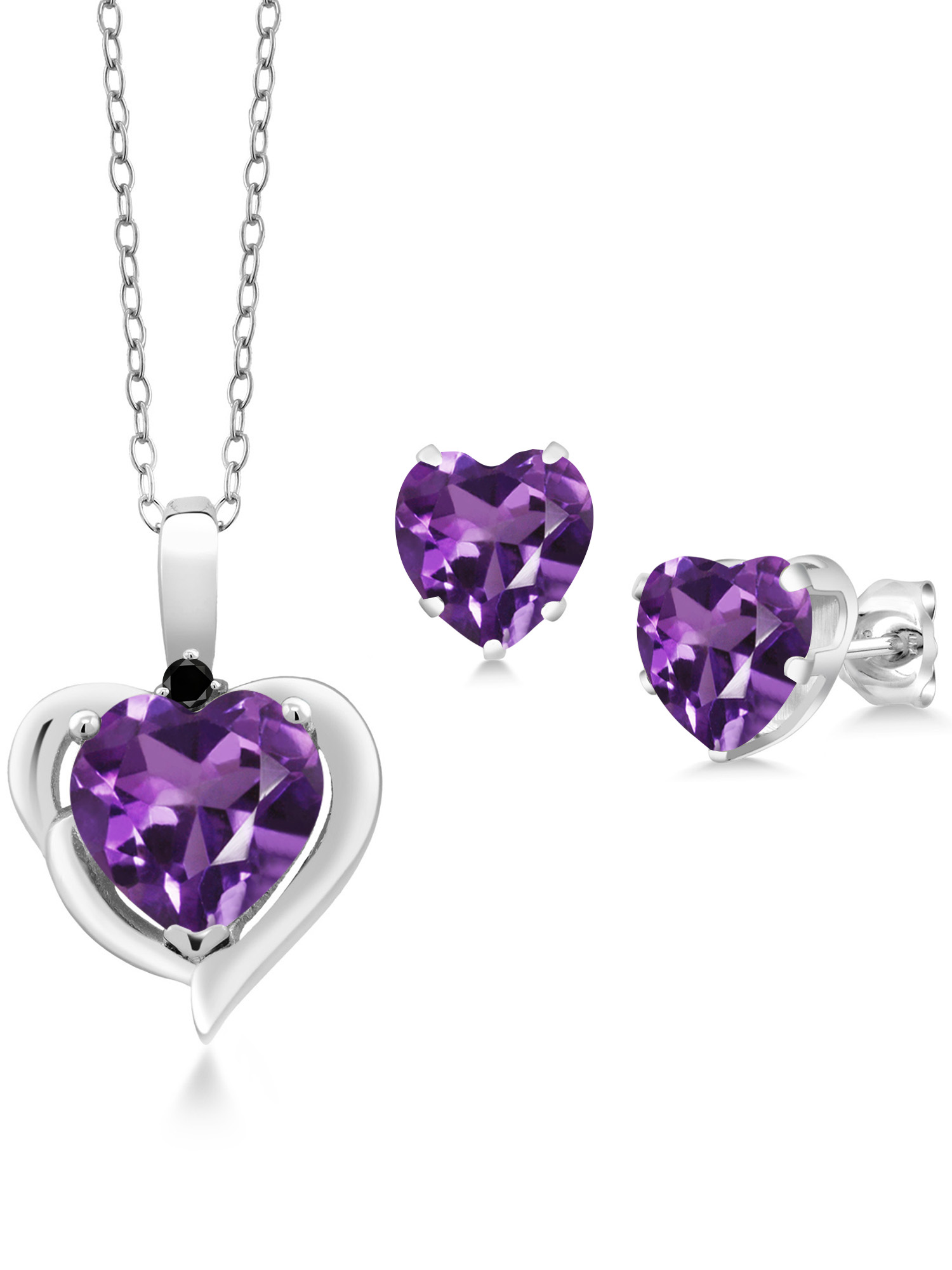 Gem Stone King 925 Sterling Silver Purple Amethyst and Black Diamond Pendant Necklace Earrings Set For Women (3.22 Cttw, Heart Shape 8MM and 6MM, with 18 inch Chain)
